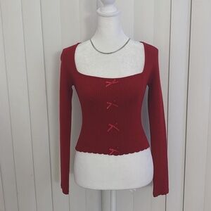 Red ribbed long sleeve top